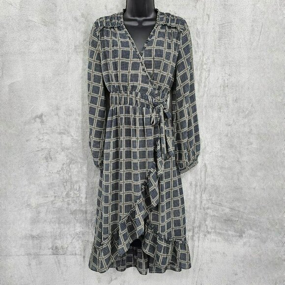 dRA Los Angeles Cicero Wrap Dress S Blue Brown Ruffled Lined Long Sleeve Retro - Picture 1 of 15